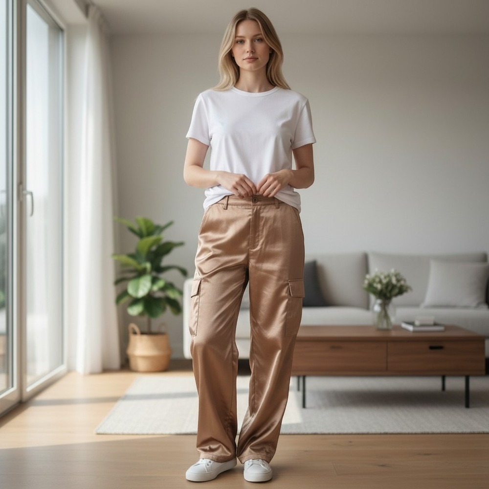 Intempo Satin Cargo Pants Bronze Silk Wide Leg Drawstring 12 Baggy Boho Party
